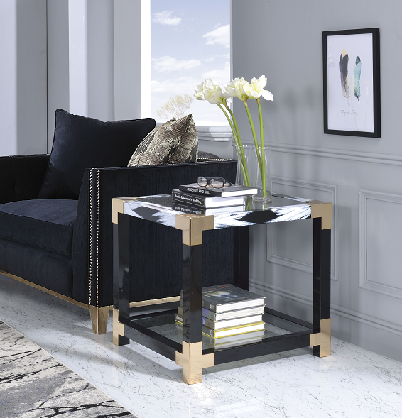 Lafty White Brushed & Clear Glass End Table